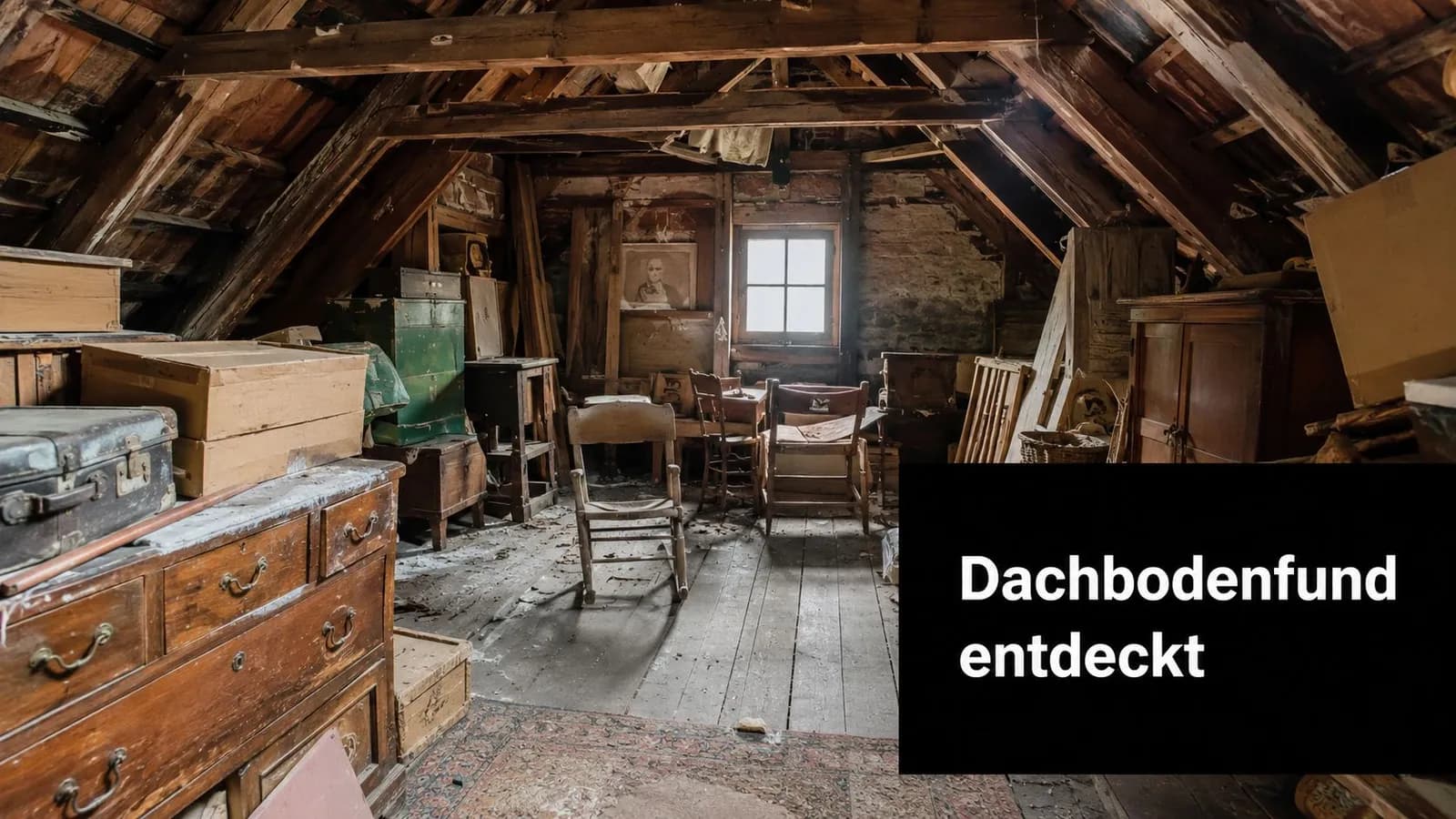 Ein staubiger, mit alten Möbeln und Kisten gefüllter Dachboden mit einem Fenster in einem alten Haus.