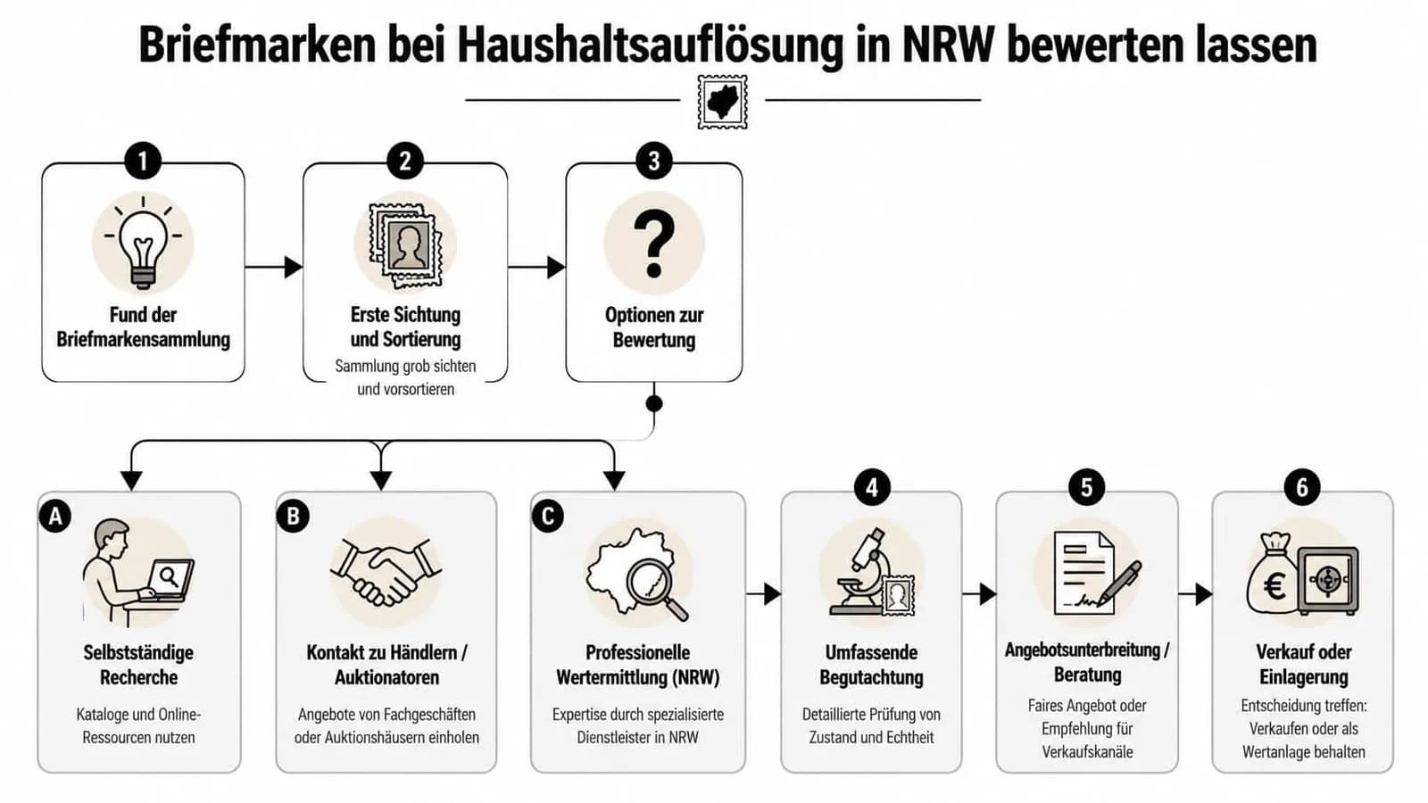Eine Infografik zeigt die sechs Schritte zur Bewertung einer Briefmarkensammlung bei einer Haushaltsauflösung in Nordrhein-Westfalen.