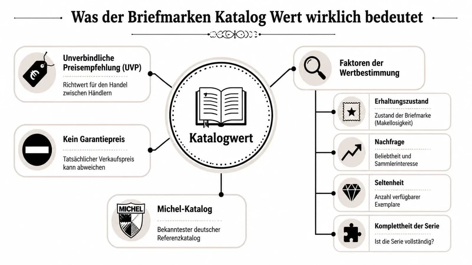Infografik zur Erklärung des tatsächlichen Wertes von Briefmarken in einem Briefmarkenkatalog und dessen Einflussfaktoren.