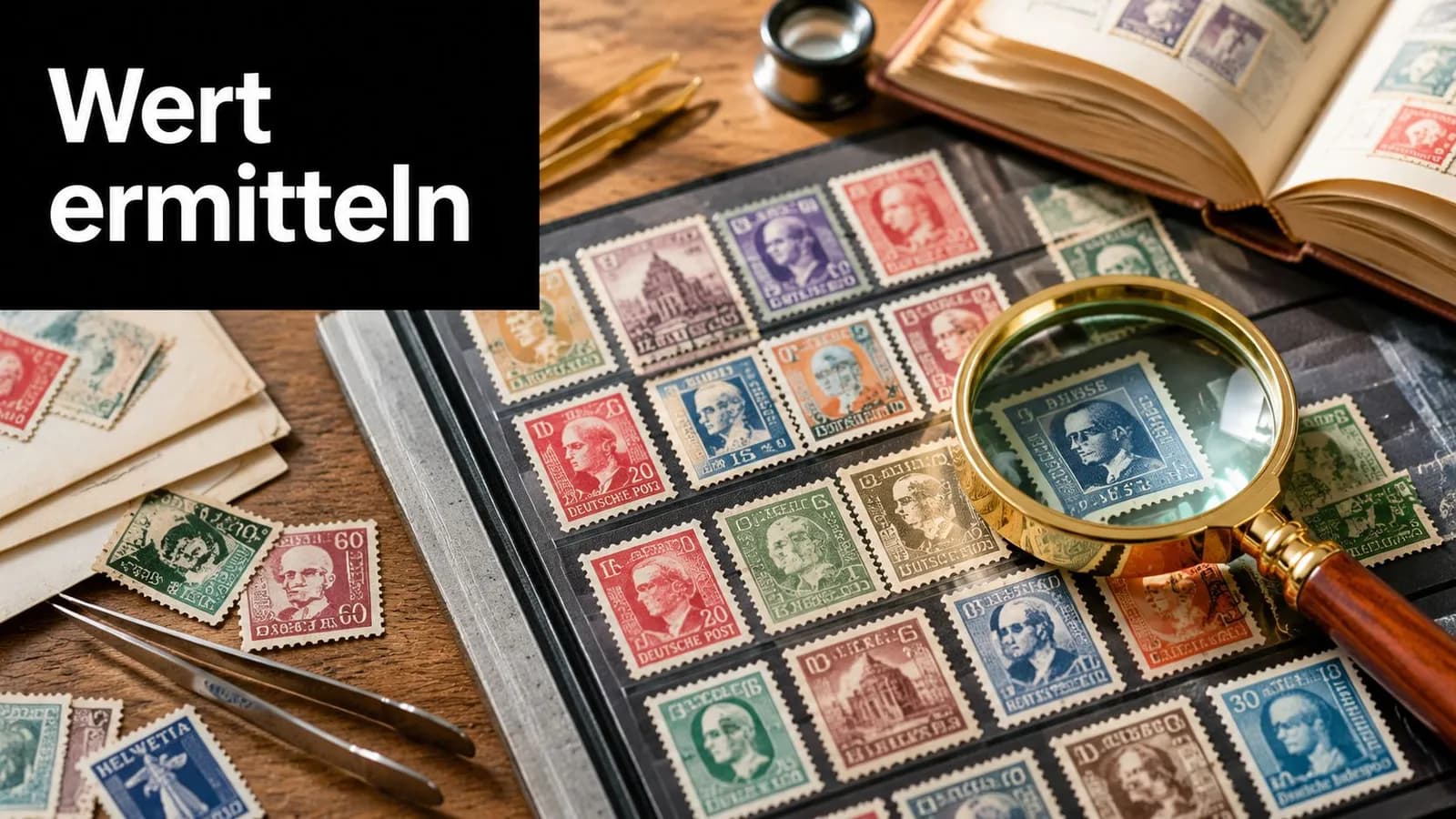Briefmarkenalbum auf einem Holztisch mit einer Lupe, einer Pinzette und lose liegenden historischen Briefmarken zur Wertbestimmung.