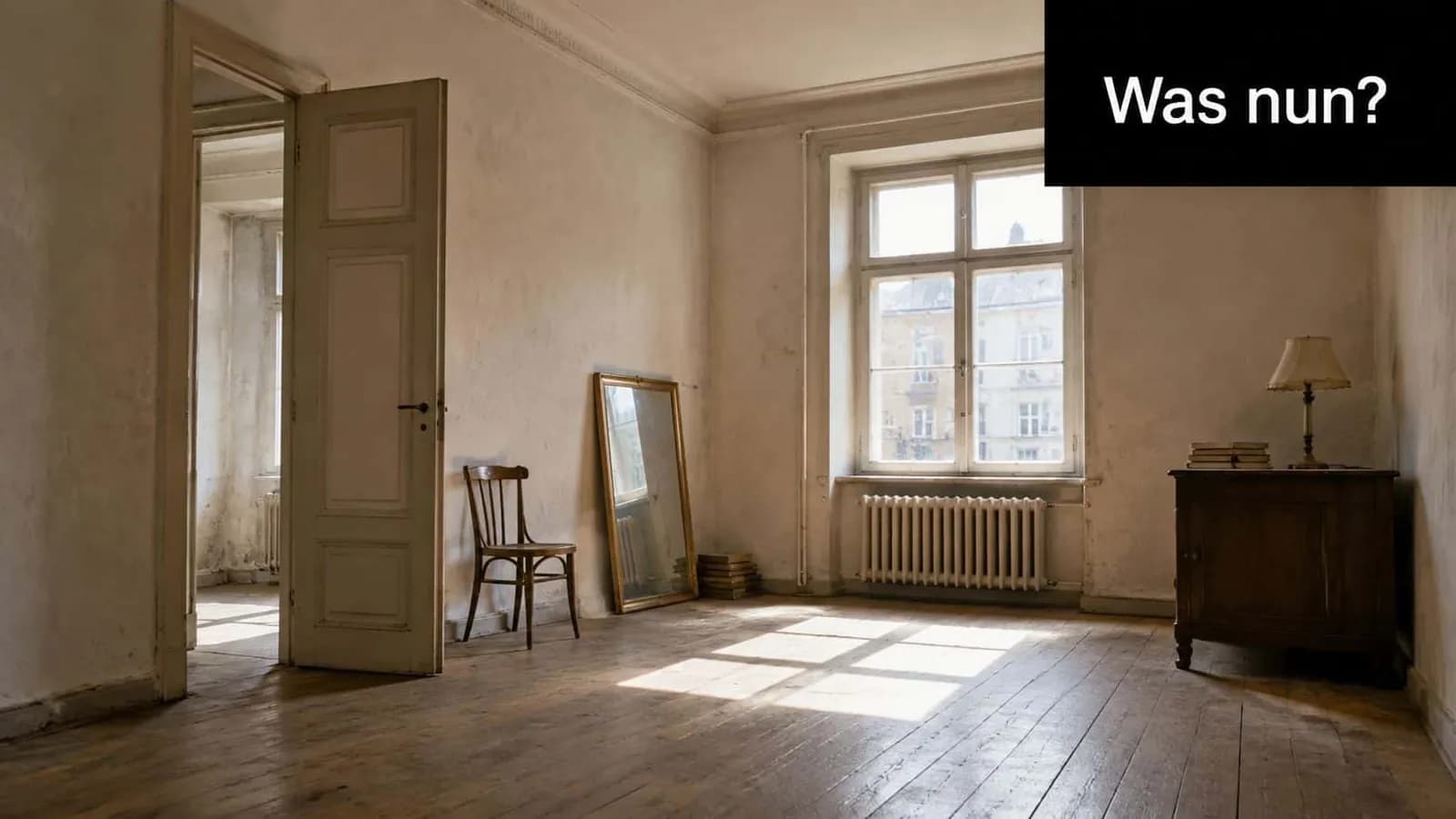 Ein leerer, sonnendurchfluteter Raum mit einem Stuhl, einem Spiegel und einer Kommode in einer Altbauwohnung.