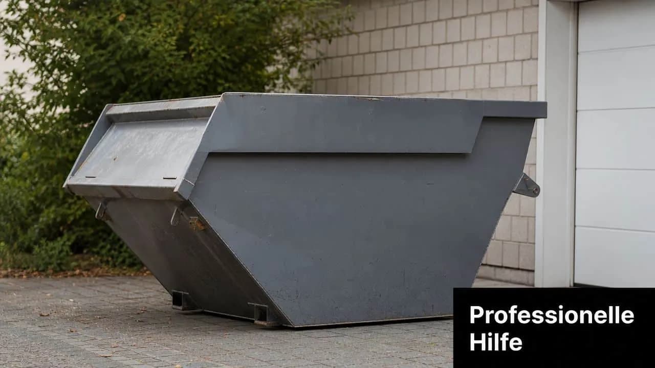 Ein grauer Schuttcontainer steht für die Entrümpelung auf einem gepflasterten Vorplatz vor einer Garage.