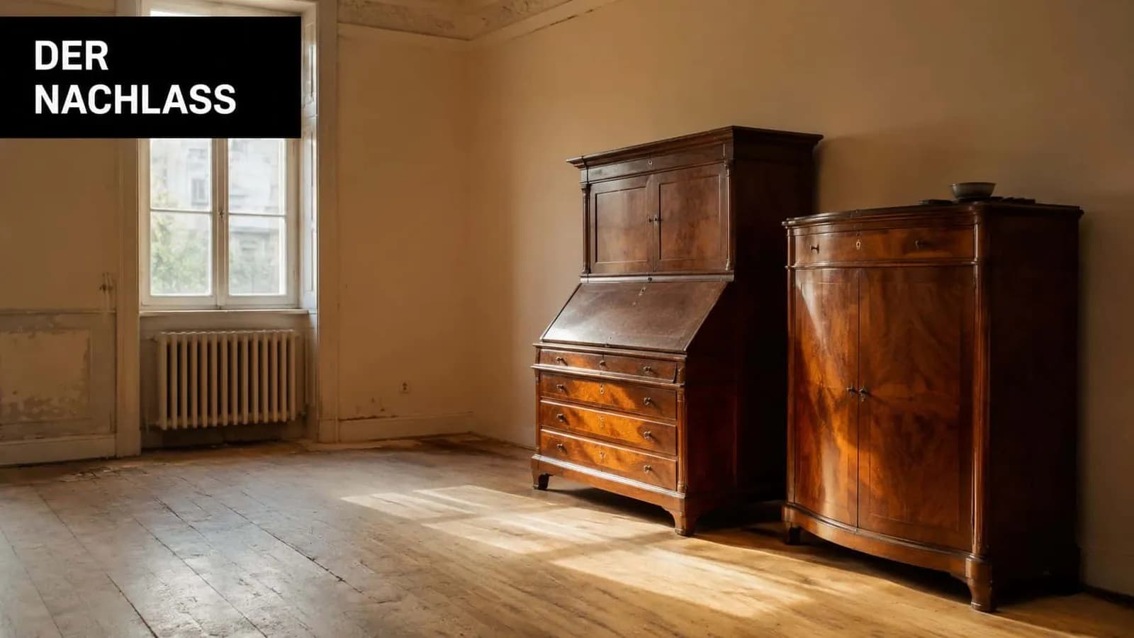 Ein sonnendurchflutetes Zimmer mit einem antiken Sekretär und einer Kommode aus der Biedermeier-Epoche auf Holzdielen.