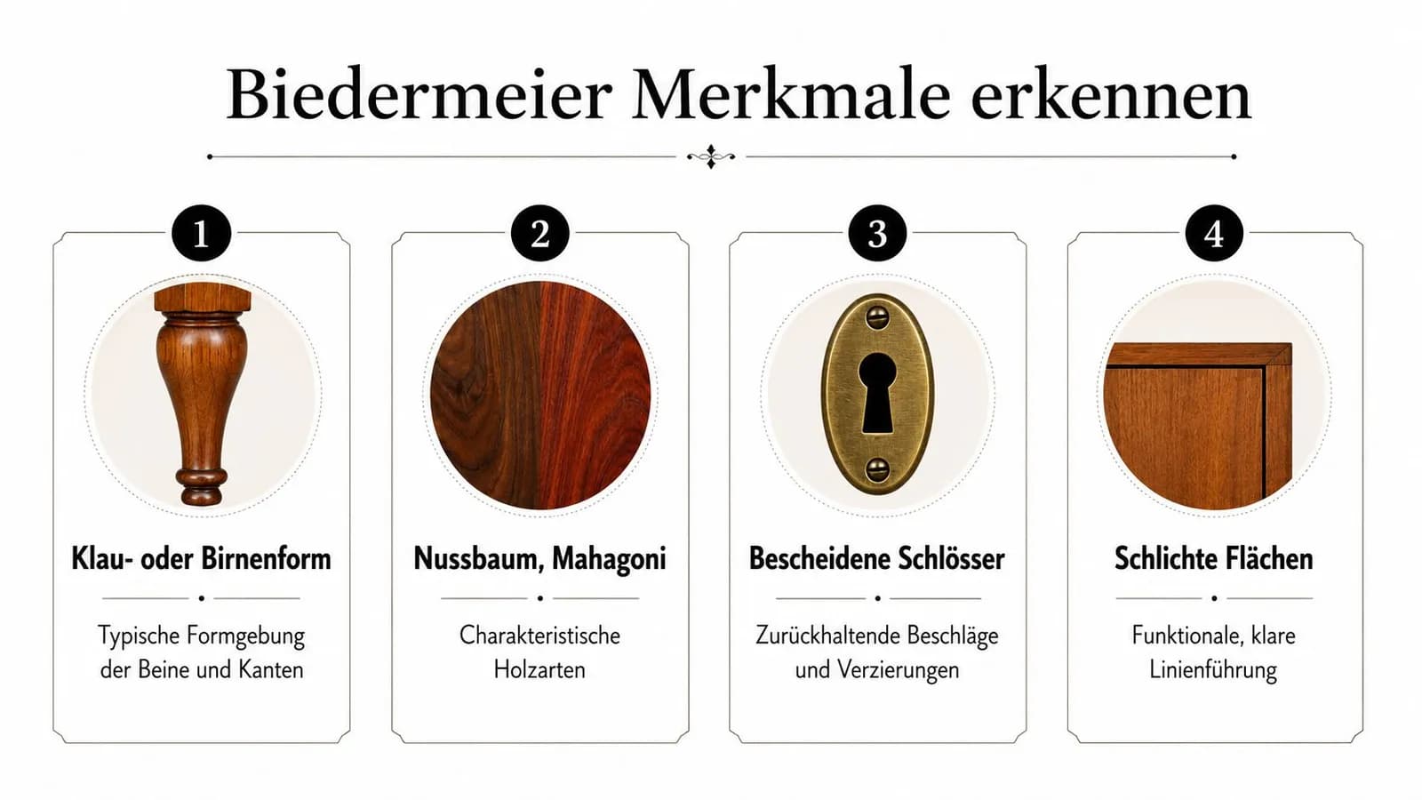 Eine Infografik mit vier typischen Merkmalen für die Identifizierung von antiken Möbeln im Biedermeier-Stil.