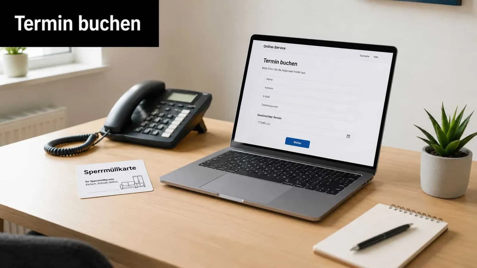 Ein Laptop zeigt ein Online-Formular zur Buchung eines Sperrmülltermins auf einem Schreibtisch mit einem Telefon und einer Sperrmüllkarte.