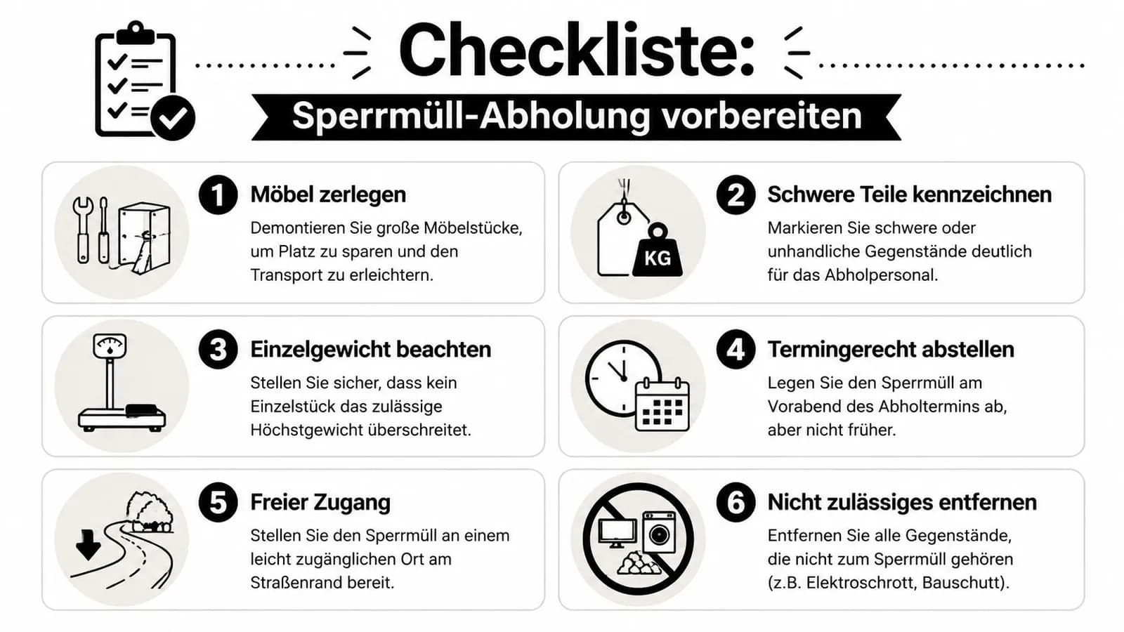 Eine illustrative Checkliste zur Vorbereitung der Sperrmüllabholung mit sechs wichtigen Hinweisen für eine reibungslose Entsorgung.