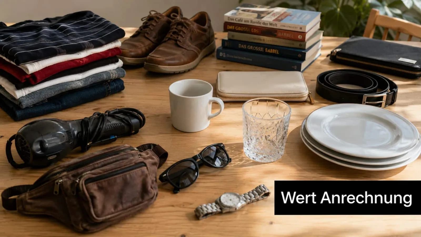 Ein Holztisch mit verschiedenen persönlichen Gegenständen wie Kleidung, Schuhen, Büchern, Geschirr und Accessoires bei Tageslicht.