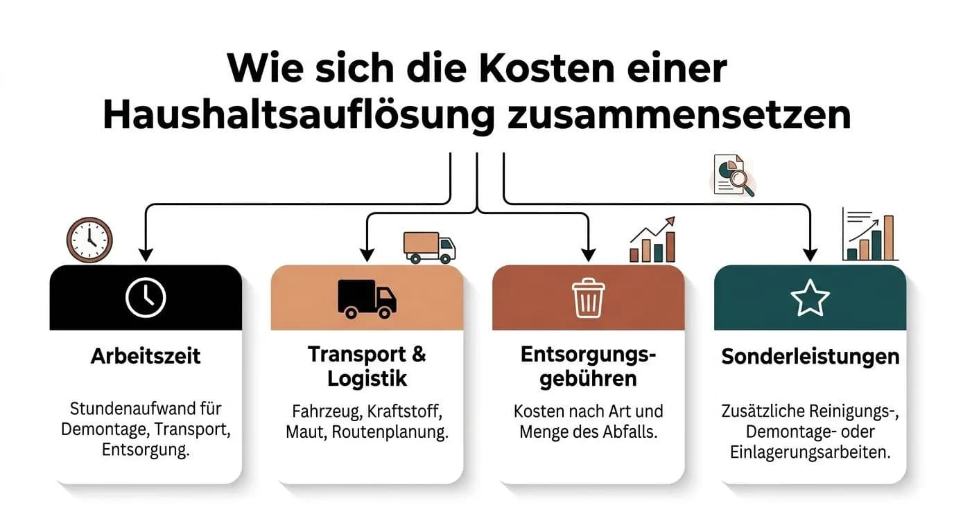 Eine Infografik zeigt die vier Hauptfaktoren für die Kosten einer Haushaltsauflösung inklusive Arbeitszeit, Logistik, Entsorgung und Sonderleistungen.