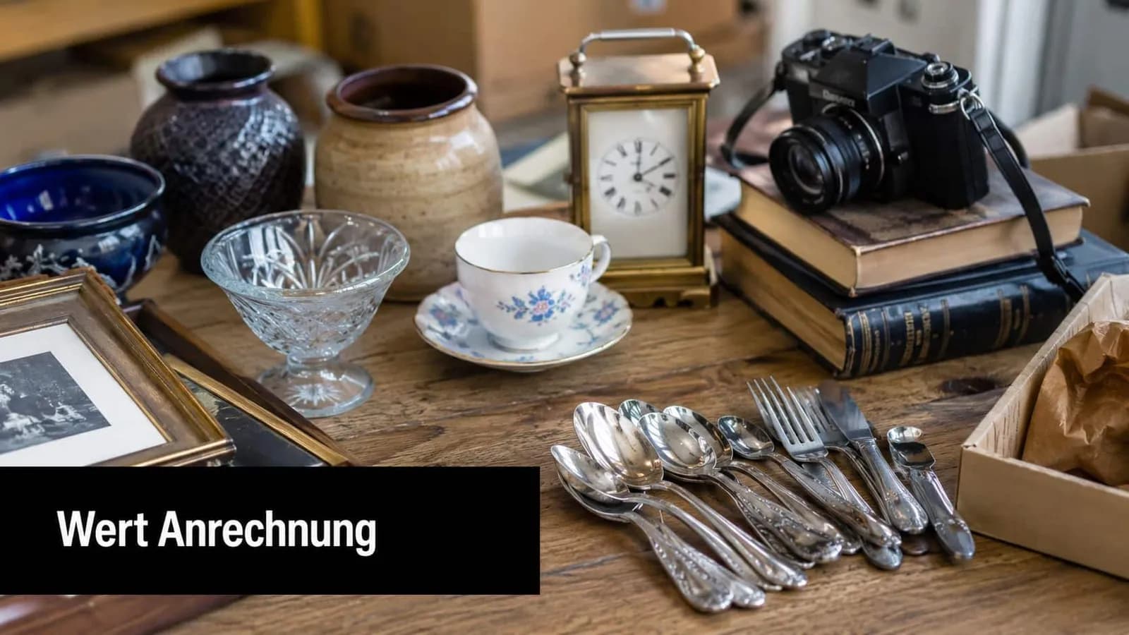 Eine Ansammlung von verschiedenen Antiquitäten und Trödelgegenständen auf einem Holztisch, darunter Geschirr, Besteck und eine alte Kamera.