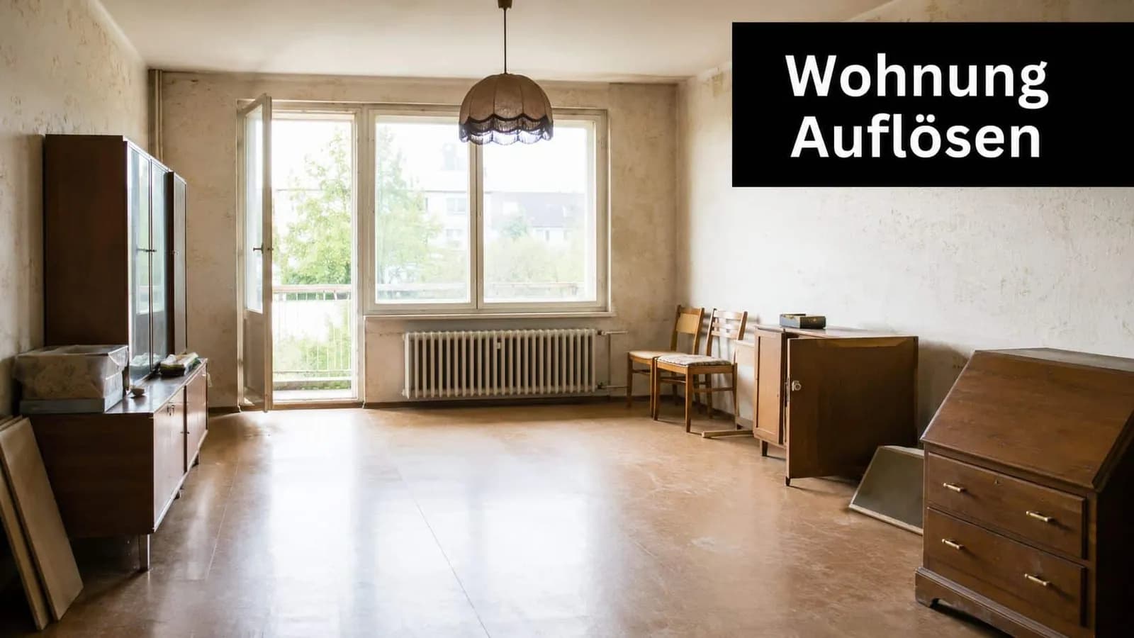 Ein leerstehendes Wohnzimmer mit veralteten Holzmöbeln, einem Heizkörper und einer Balkontür in einer alten Wohnung.