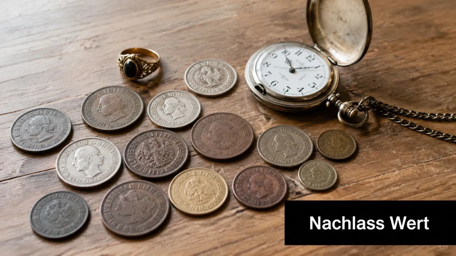 Antike Münzen, eine goldene Ringbrosche und eine Taschenuhr liegen auf einer rustikalen Holzoberfläche zur Nachlassbewertung bereit.