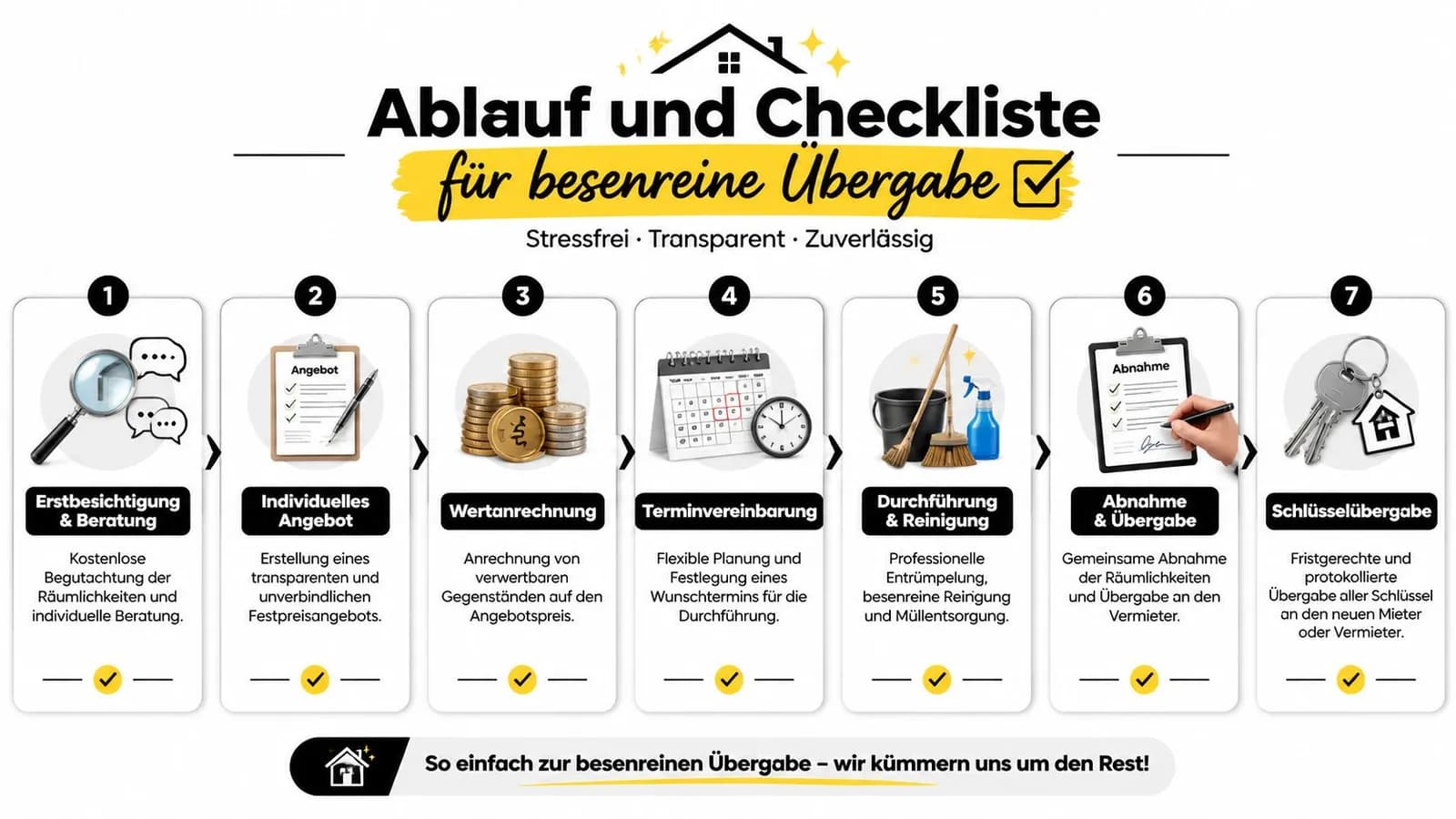 Eine Infografik mit einer siebenstufigen Checkliste für eine stressfreie und besenreine Wohnungsübergabe an den Vermieter.