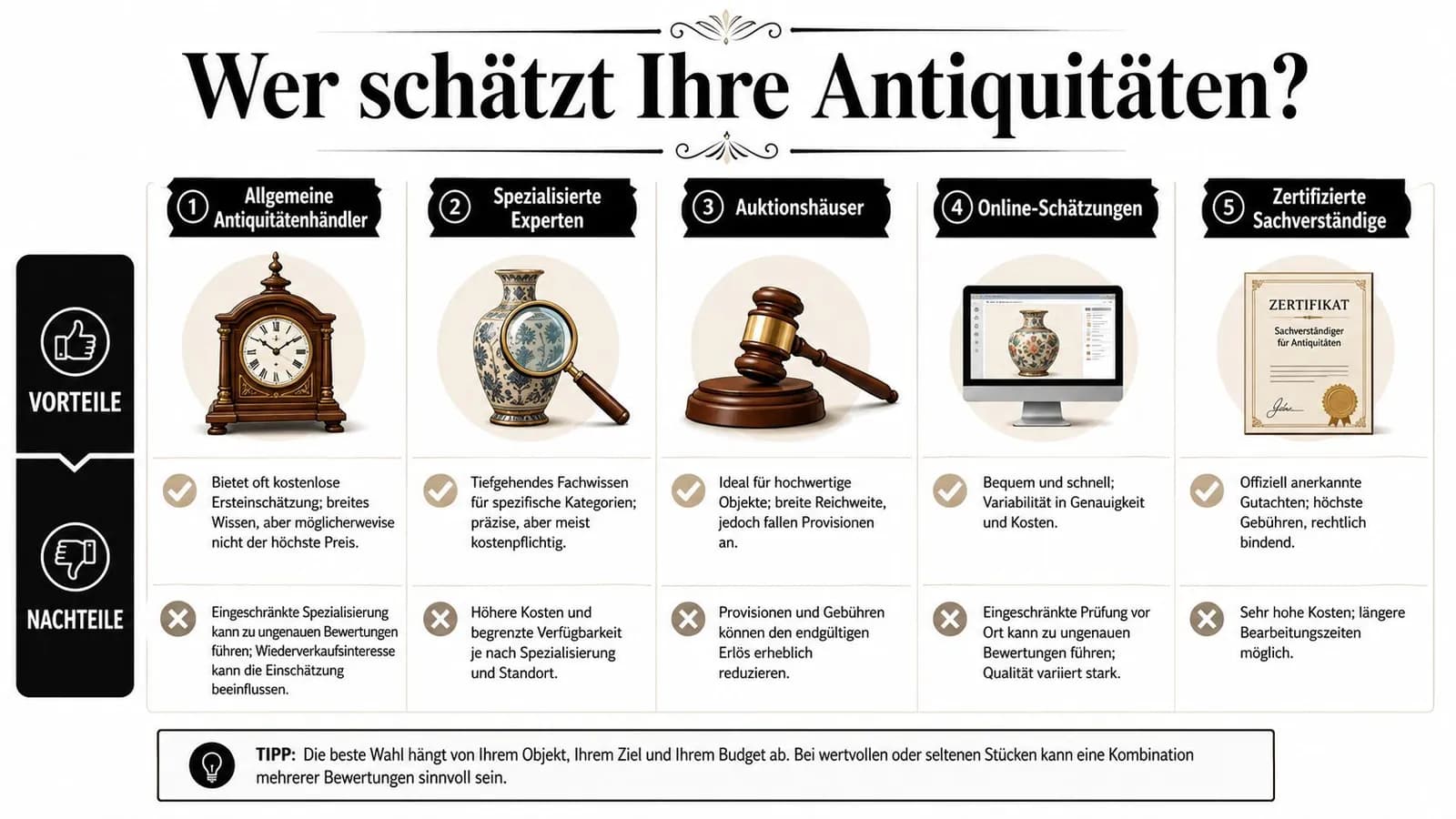 Eine Übersichtsgrafik über fünf verschiedene Wege, Antiquitäten bewerten zu lassen, inklusive Vor- und Nachteilen für jeden Ansatz.