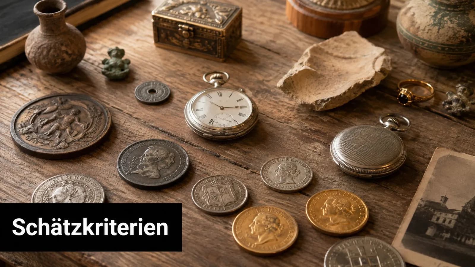Eine Sammlung historischer Münzen, Taschenuhren und antiker Schmuckstücke auf einem rustikalen Holztisch ausgelegt zur Wertermittlung.