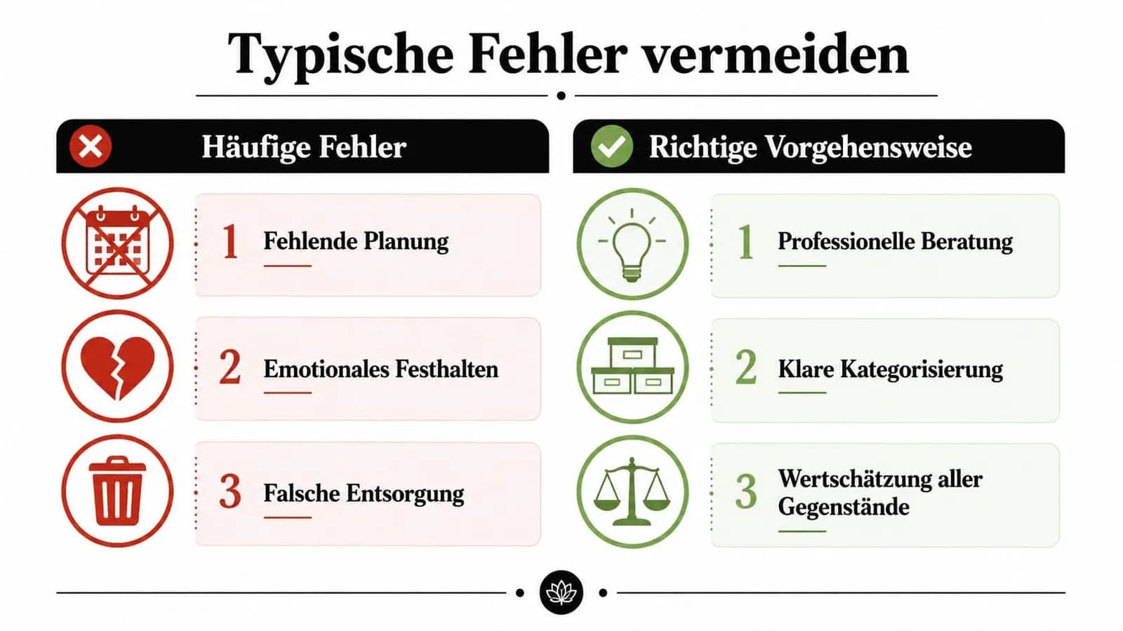 Eine Infografik zum Thema Prioritäten setzen, die häufige Fehler der Entrümpelung und korrekte Vorgehensweisen gegenüberstellt.