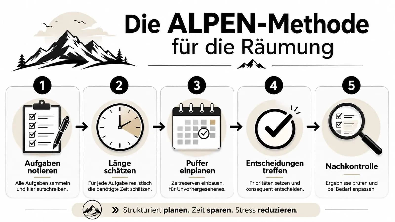 Grafik zur ALPEN-Methode mit fünf Schritten zur effizienten Strukturierung und Zeitplanung im beruflichen Alltag.