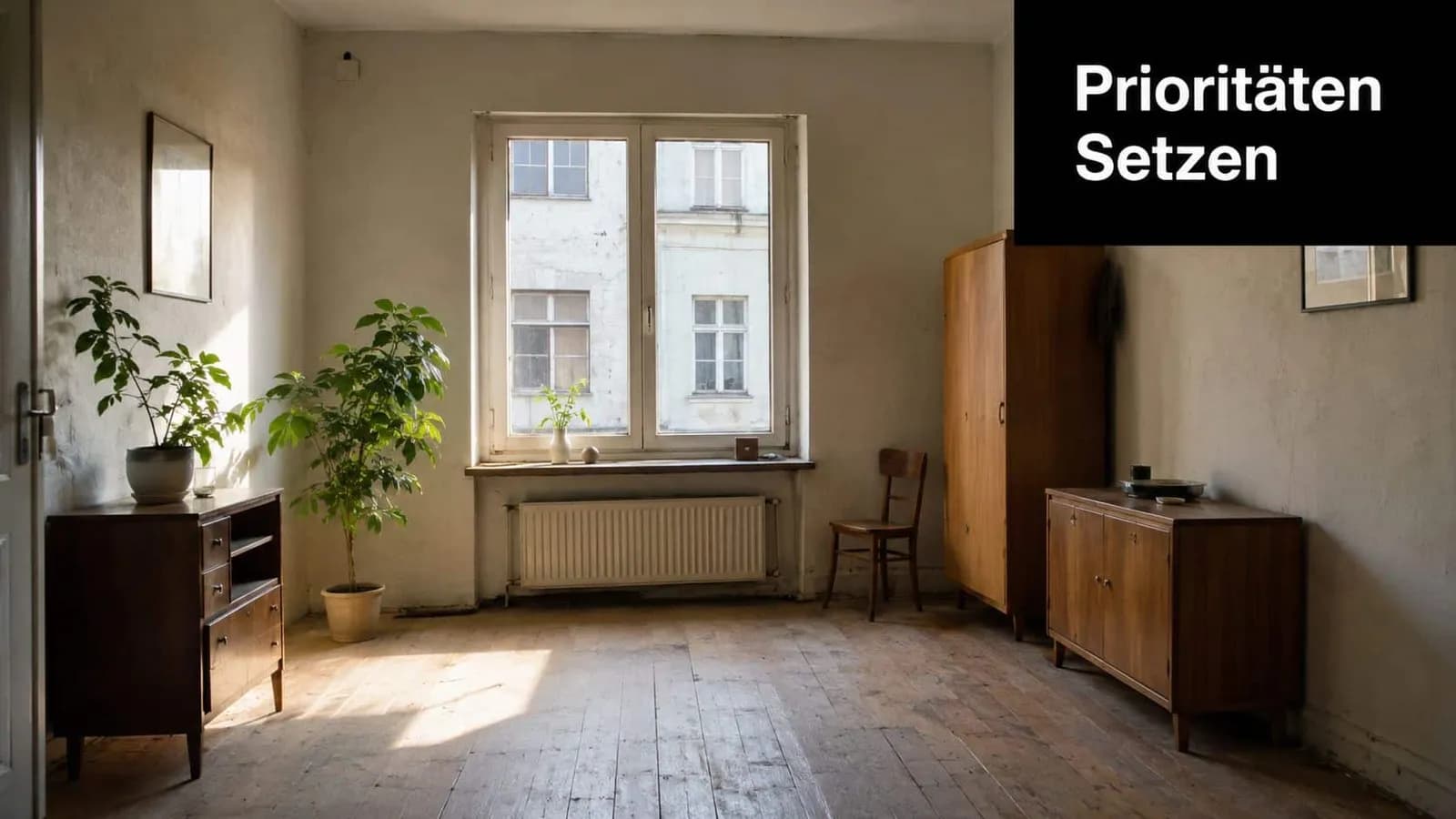 Ein heller, minimalistisch eingerichteter Raum mit Holzmöbeln, einer Pflanze und einem Fenster mit Blick auf ein Gebäude.
