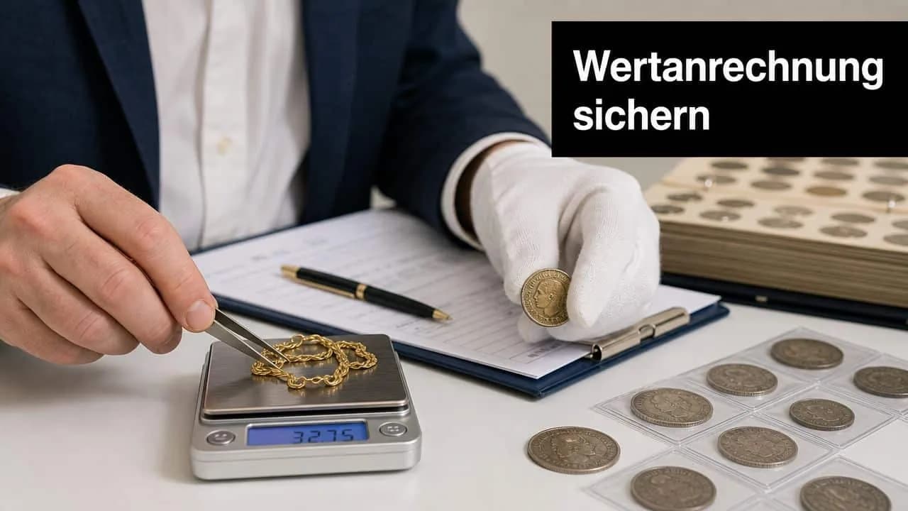 Ein Gutachter in weißen Handschuhen wiegt Goldschmuck mit einer Waage und bewertet eine historische Münze.