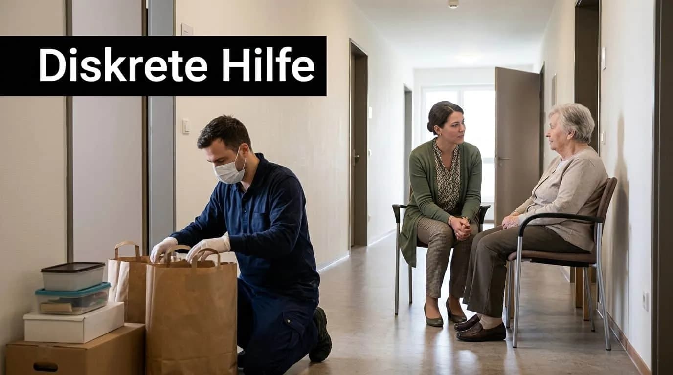 Ein Helfer mit Schutzmaske sortiert Lebensmittel während eine Pflegerin mit einer älteren Dame in einem Flur spricht.