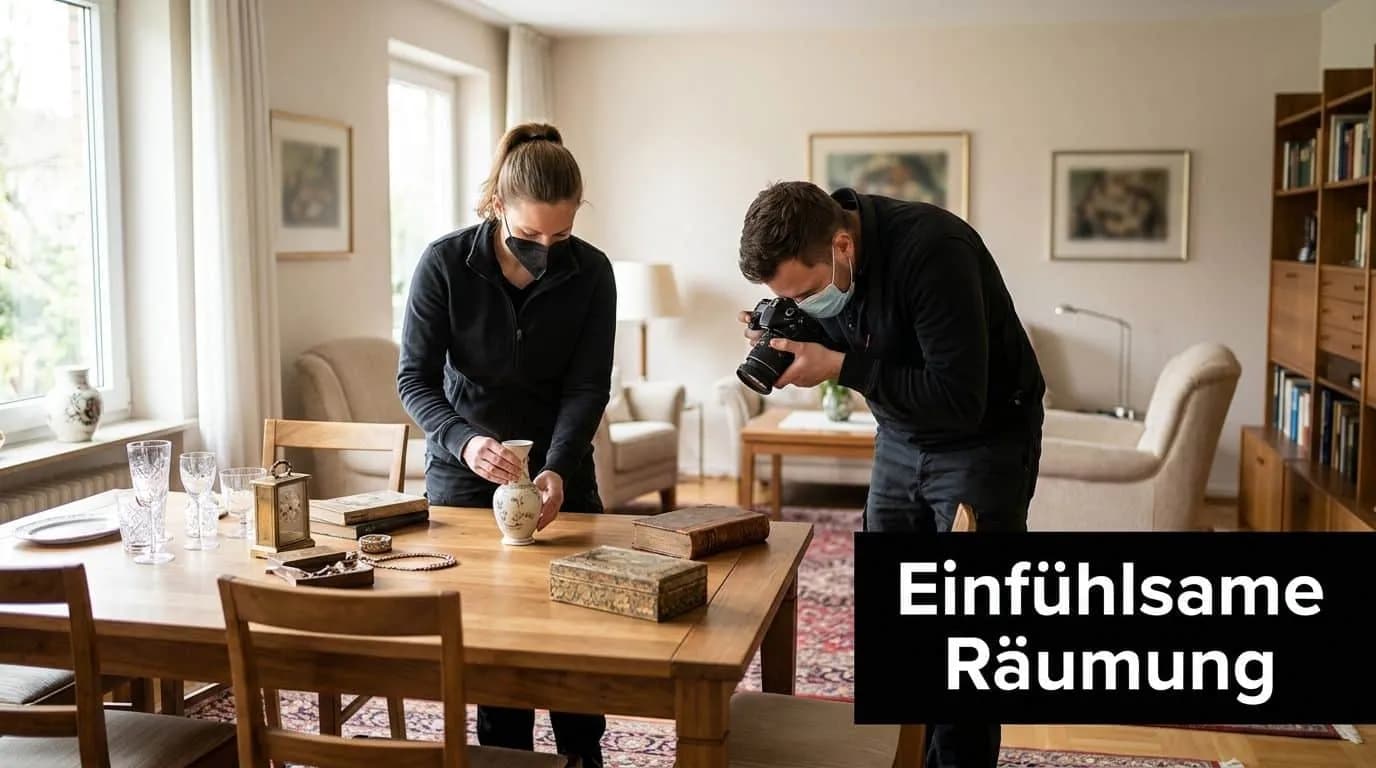 Ein Mann und eine Frau fotografieren bei einer Wohnungsauflösung gemeinsam wertvolle Gegenstände auf einem hölzernen Esstisch.