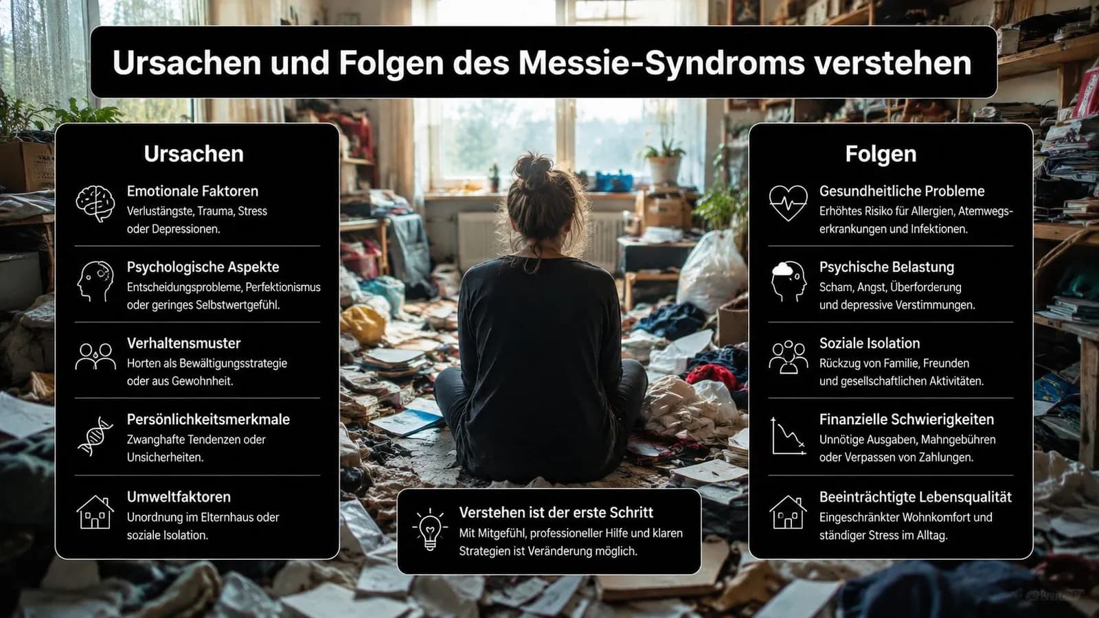 Eine Infografik erklärt die Ursachen und Folgen des Messie-Syndroms für Betroffene und deren Angehörige.