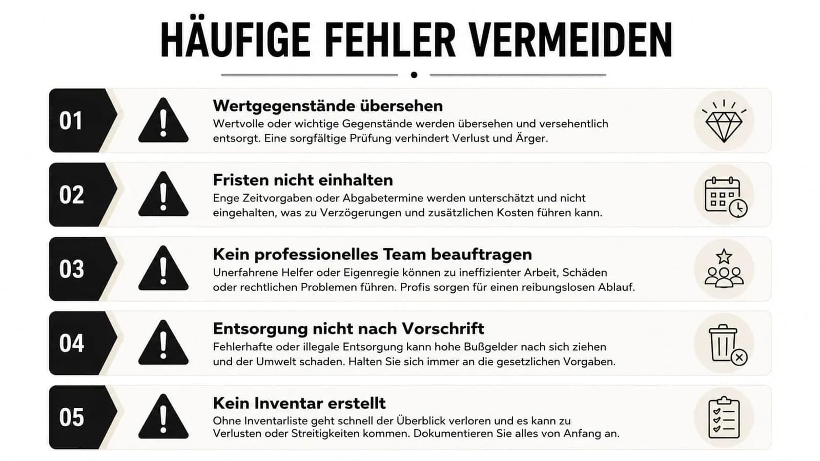 Eine Infografik zur Vermeidung von fünf häufigen Fehlern bei Wohnungsauflösungen und Entrümpelungen für eine stressfreie Planung.