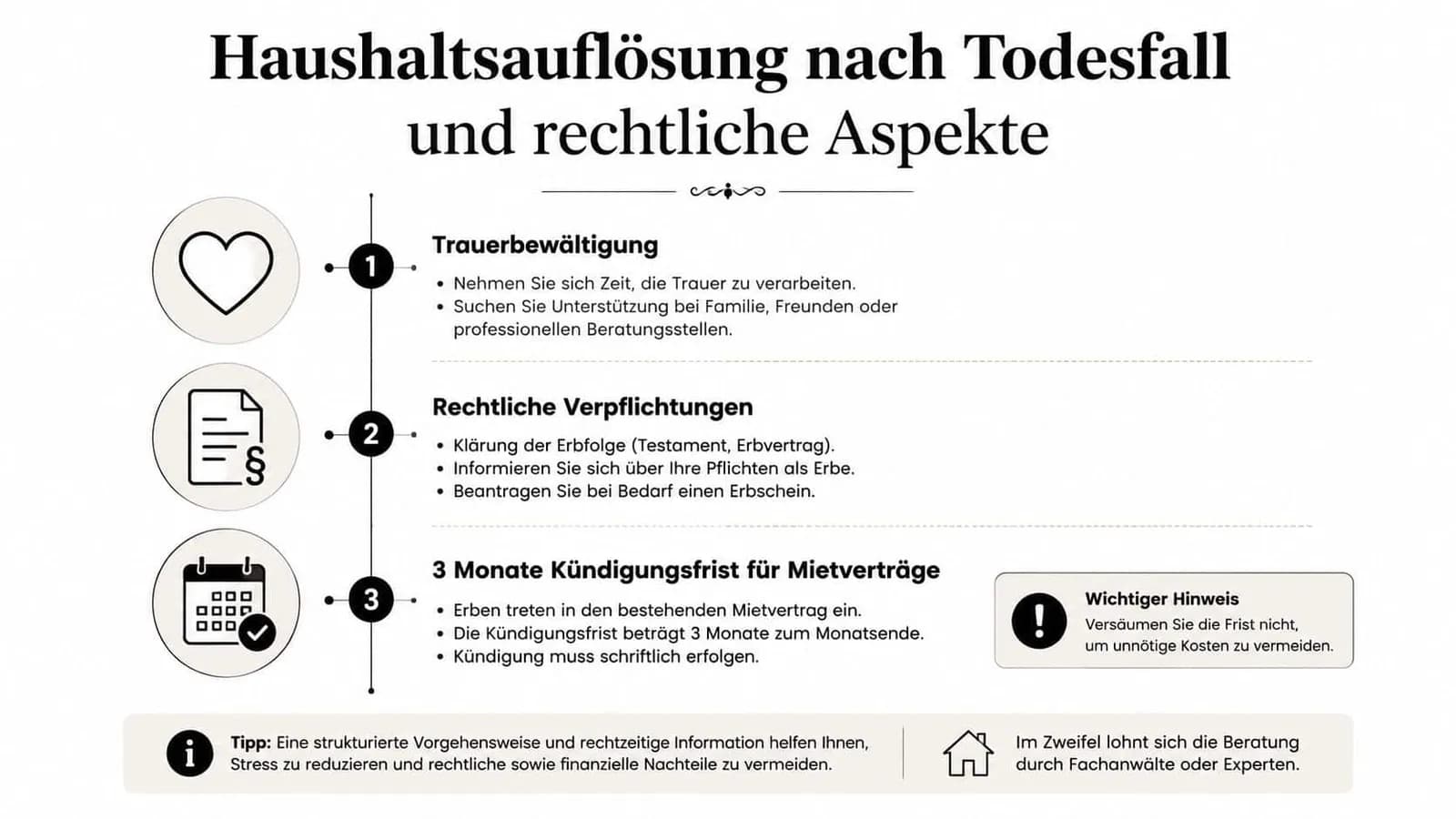 Infografik zur Haushaltsauflösung nach einem Todesfall mit Tipps zur Trauerbewältigung, rechtlichen Pflichten und Fristen für Mietverträge.