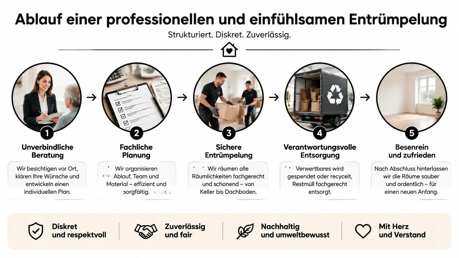 Grafische Darstellung der fünf Schritte für eine professionelle, diskrete und einfühlsame Entrümpelung durch Experten mit Herz.