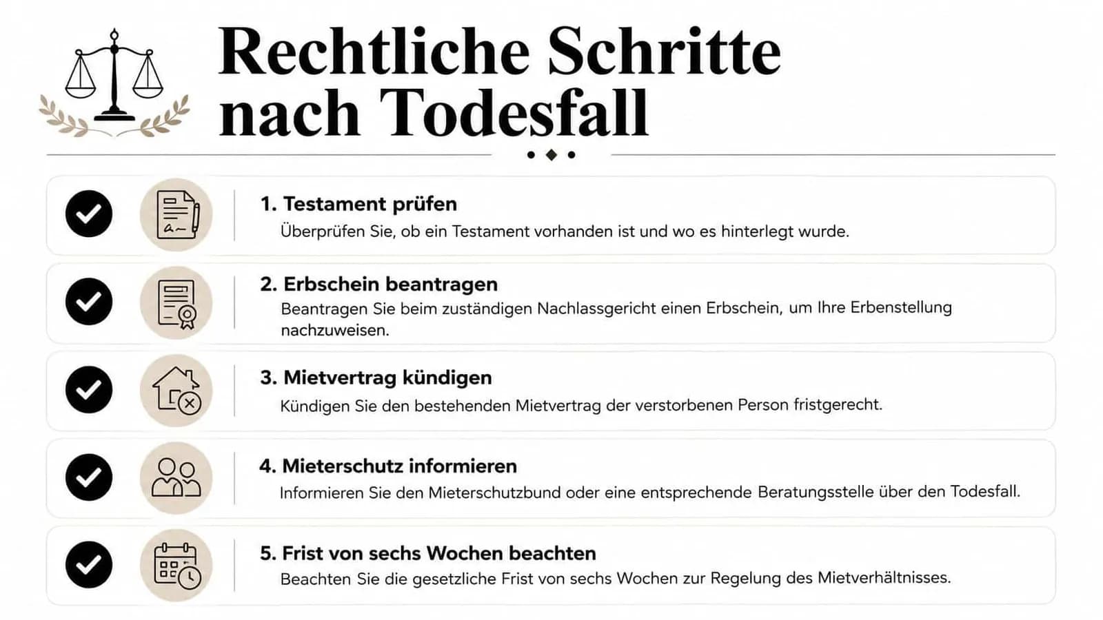 Eine Infografik mit fünf Schritten zu rechtlichen Maßnahmen nach einem Todesfall, inklusive Testament und Erbschein.