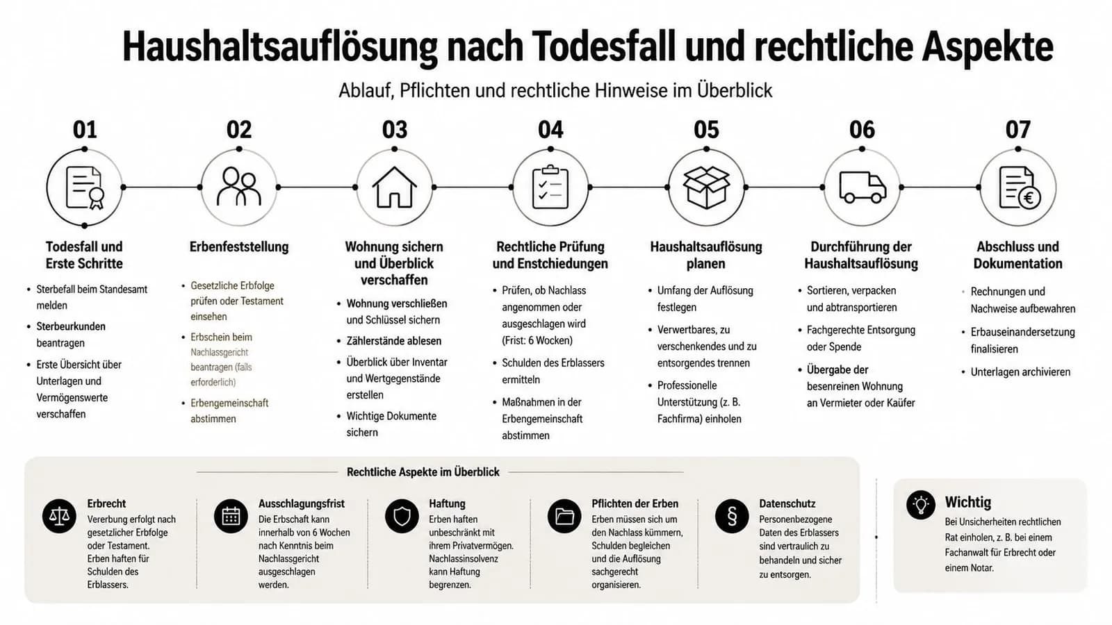 Eine Infografik zum Ablauf einer Haushaltsauflösung nach einem Todesfall, inklusive rechtlicher Aspekte und wichtiger Handlungsschritte.