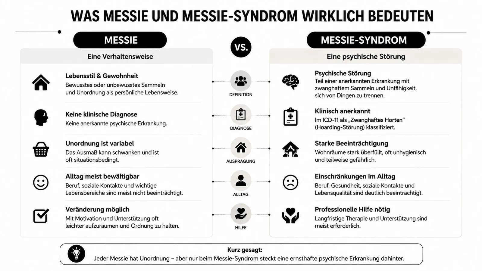 Eine Infografik, die die Unterschiede zwischen einem Messie als Lebensstil und dem klinischen Messie-Syndrom gegenüberstellt.