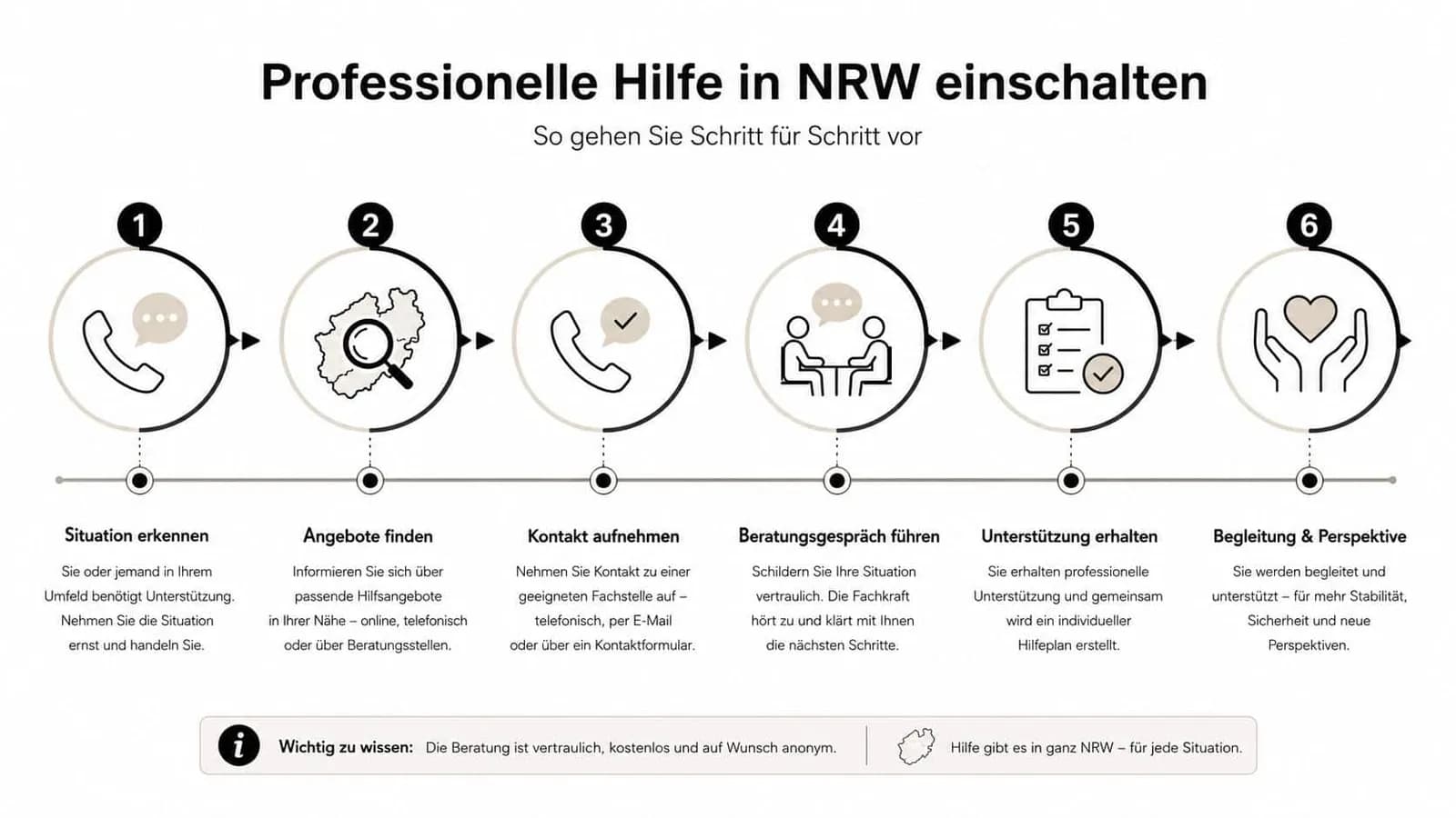 Sechs Schritte zur professionellen Hilfe in NRW, dargestellt als Prozess von der Situationserkennung bis zur Begleitung.