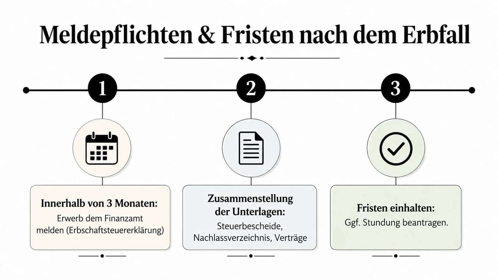 Eine Infografik über Meldepflichten und Fristen nach einem Erbfall, unterteilt in drei wichtige Schritte zur Erbschaftssteuer.