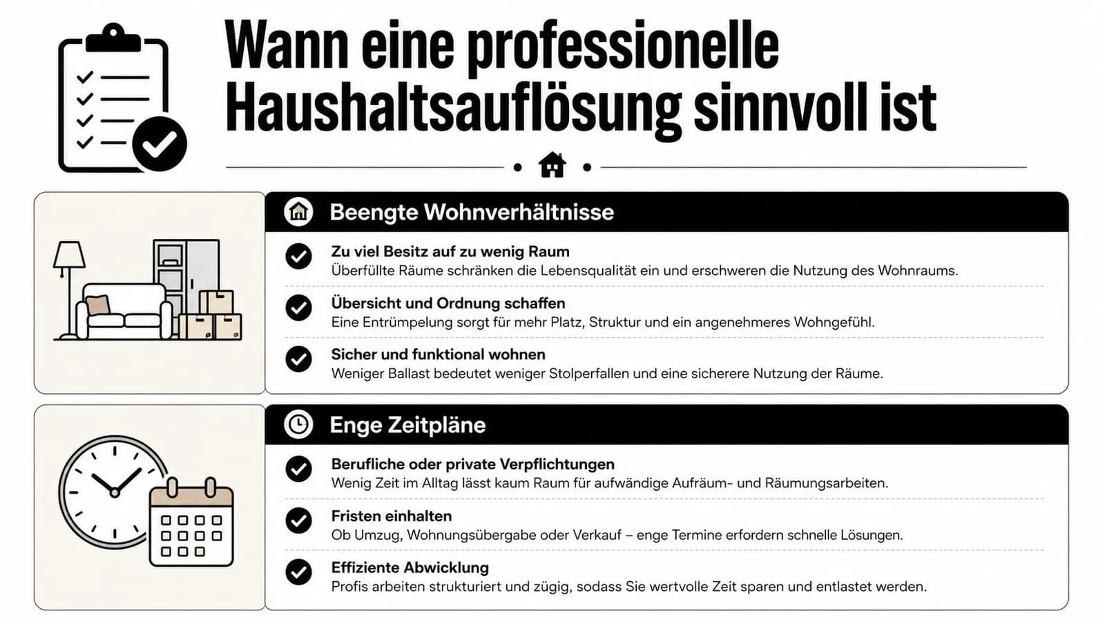Eine Infografik erklärt, warum eine professionelle Haushaltsauflösung bei Platzmangel oder Zeitdruck sinnvoll ist.