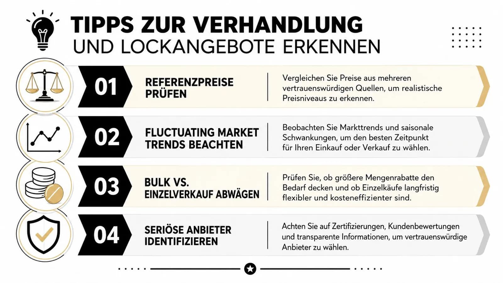 Eine Infografik mit vier hilfreichen Tipps für Preisverhandlungen und das Erkennen von Lockangeboten im Handel.