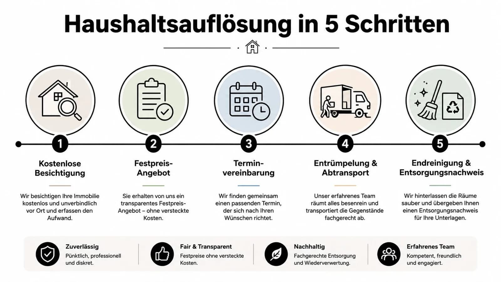 Eine Infografik erklärt den 5-Schritte-Prozess einer Haushaltsauflösung von der Besichtigung bis zur professionellen Entsorgung und Reinigung.