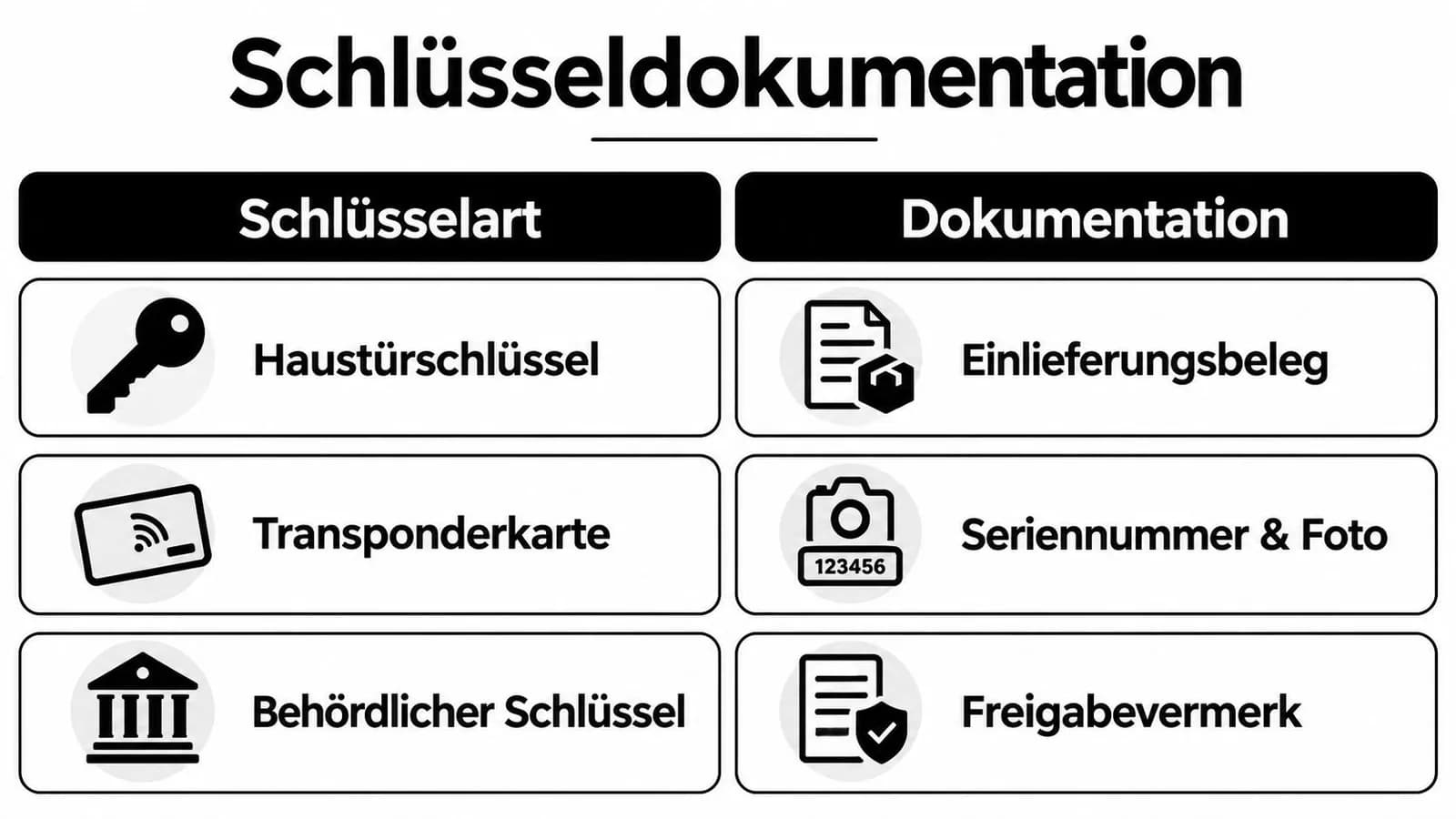 Übersicht der Schlüsseldokumentation mit verschiedenen Schlüsselarten wie Haustürschlüssel, Transponderkarte und Behördenschlüssel sowie den passenden Dokumentationsnachweisen.
